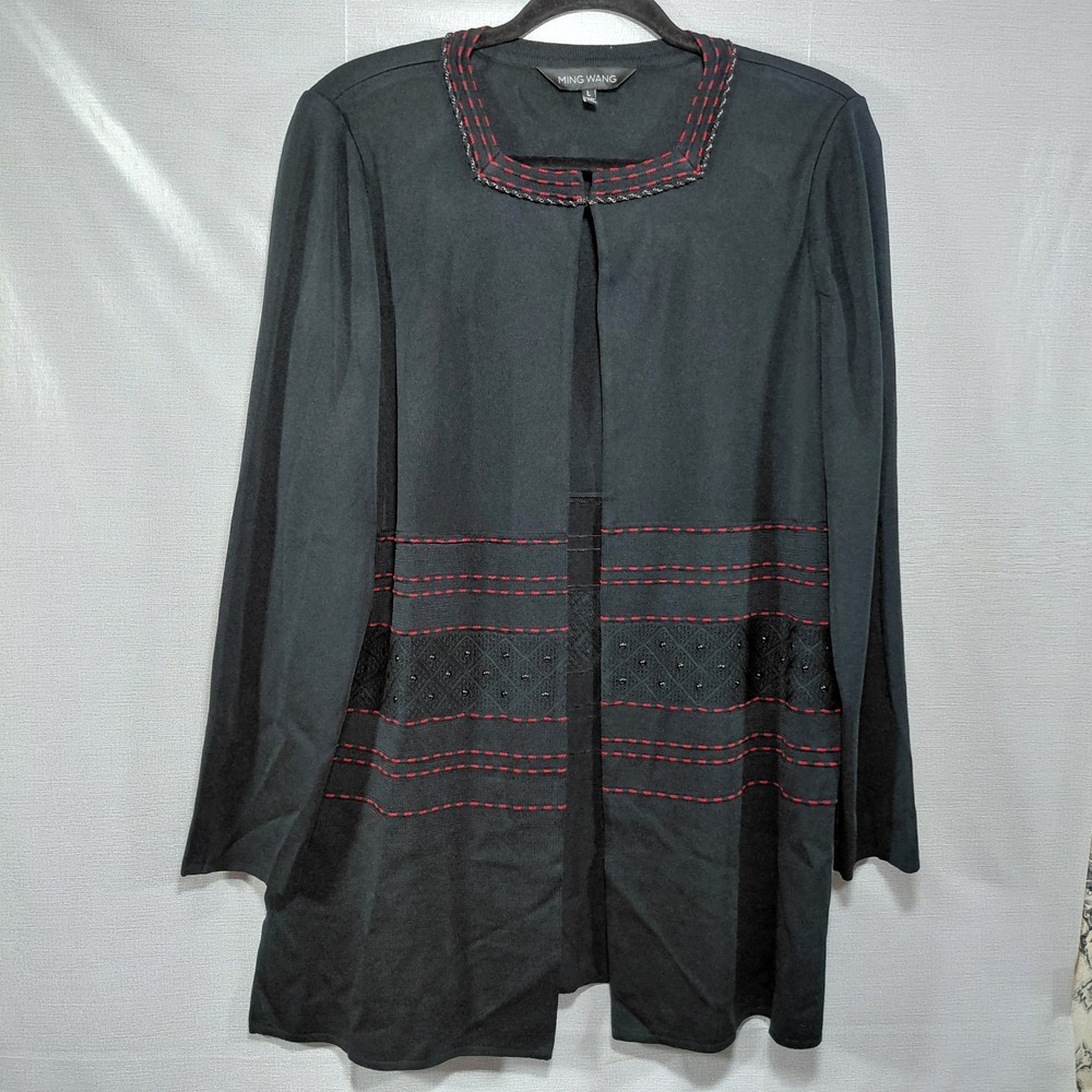 Ming Wang Cardigan Jacket Women's LG Black & Red Square Neck Embroidered Beaded